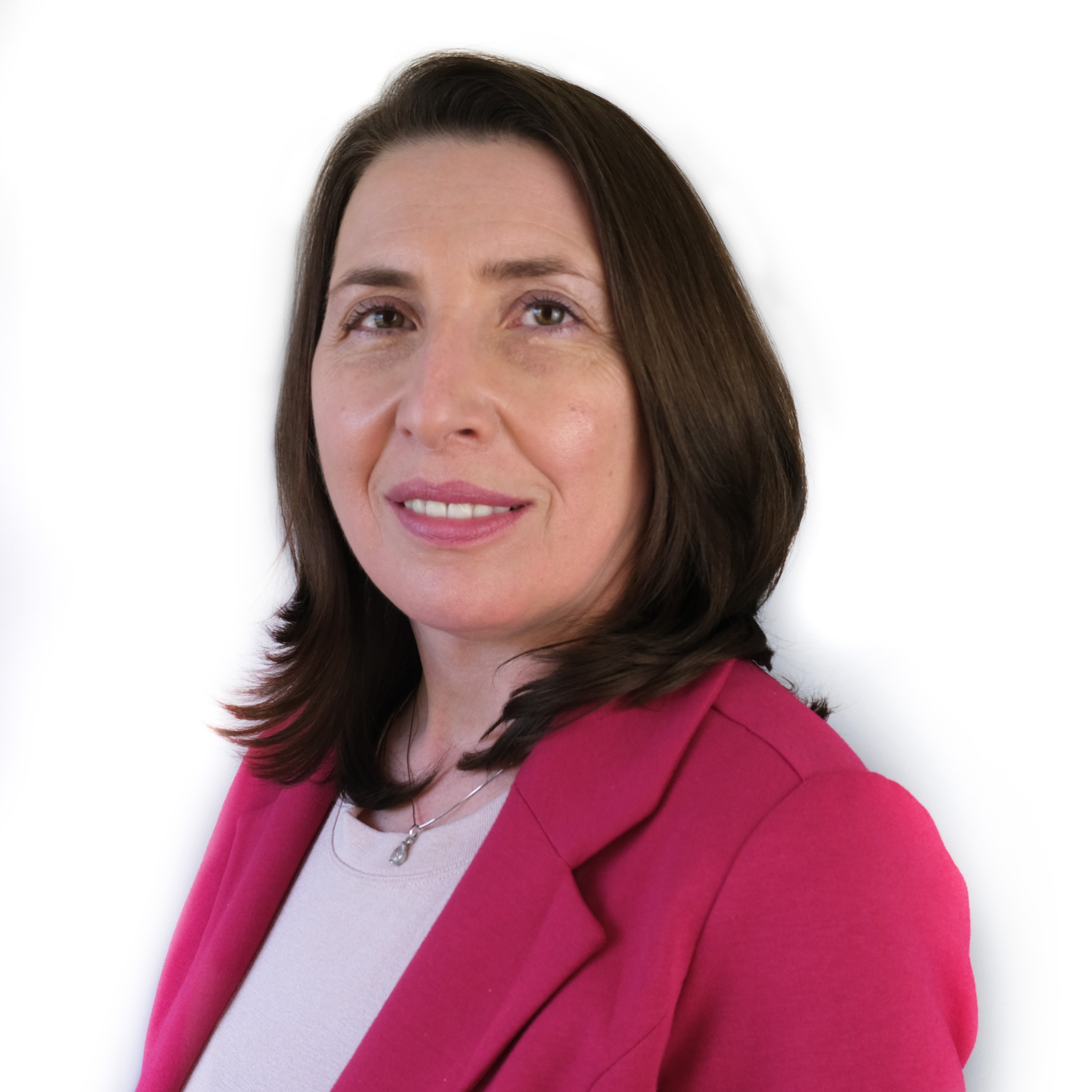 Woman with red blazer and white shirt