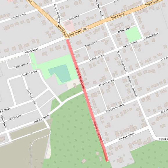 Map indicating the project area from Ridout to south of Trafalgar 