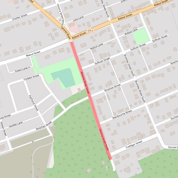 Map indicating the project area from Ridout to south of Trafalgar 